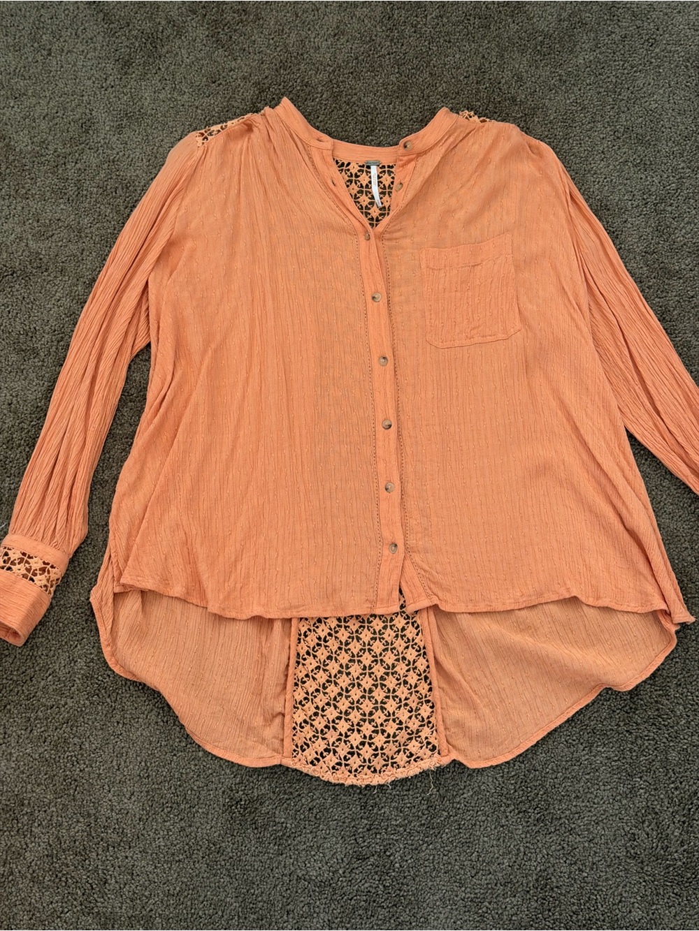 Free People Peach Button-Down Long Sleeve Blouse with Lace Back